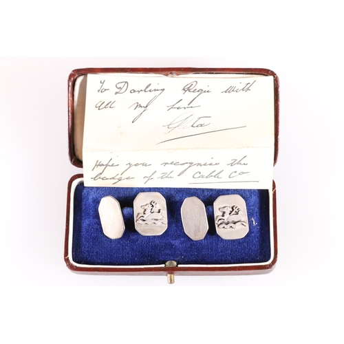 99 - Pair of silver cufflinks with lamb and trident design in cufflink box with letter signed 'Rita', a s... 