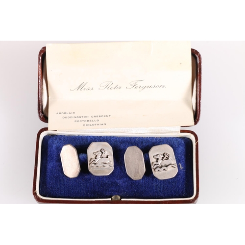 99 - Pair of silver cufflinks with lamb and trident design in cufflink box with letter signed 'Rita', a s... 