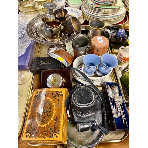 330 - Plated ware and pewter, white metal travel cups in leather case, vintage cameras, some ceramics, etc