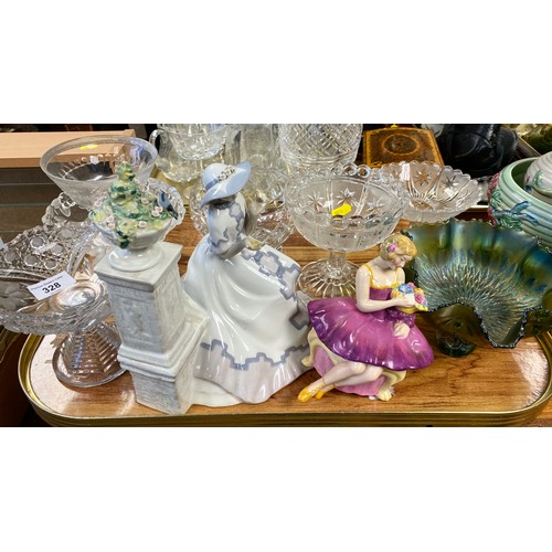 328 - Assortment of cut glass sweetie dishes, green carnival glass, and two figurines