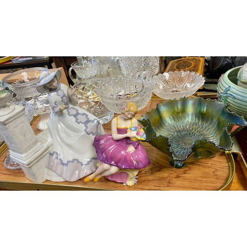 328 - Assortment of cut glass sweetie dishes, green carnival glass, and two figurines