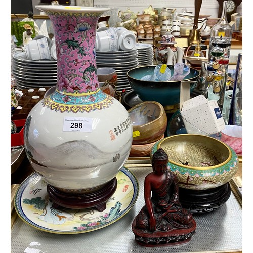 298 - Oriental vase on wooden stand, cloisonné enamel bowl on wooden stand, buddha, oriental plate