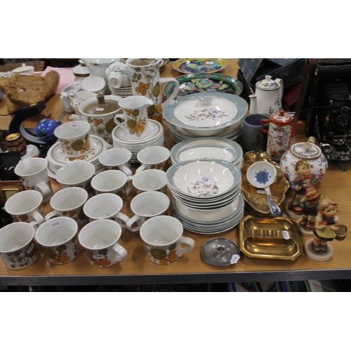 135 - Ceramics to include a teapot, a coffee pot, Hummel figures, a metal ashtray and 1960s/70s ceram... 