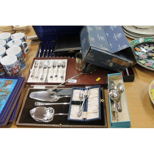 142 - Silver plated flatware to include butter knives, serving spoons, pastry forks etc,.