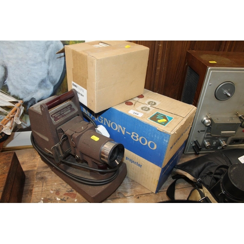 266 - Magnon 8mm movie projector, a Kershaw model 250 strip projector, and a box of reels.