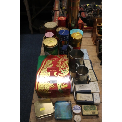 289 - Fortnum & Masons biscuit tins, two tankards, first aid dressings, etc.