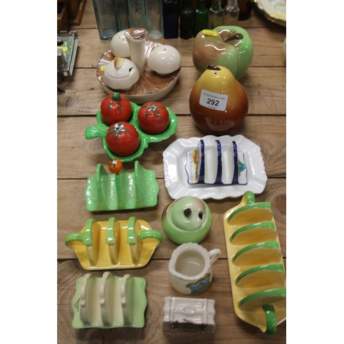 292 - Carlton Ware to include a pear and apple cruet set, a mushroom cruet set, toast racks, etc.