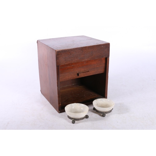 116 - Small tambour box, 14cm and two alabaster and white metal salts.