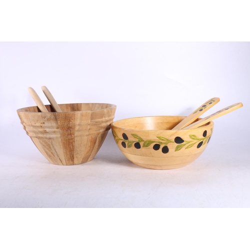 13 - Mixed wood salad bowl and servers, another salad bowl, and a wooden dish.