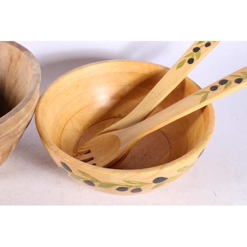 13 - Mixed wood salad bowl and servers, another salad bowl, and a wooden dish.