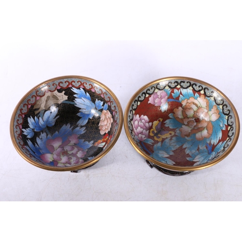 19 - Pair of circular modern cloisonné bowls, on hardwood stands.