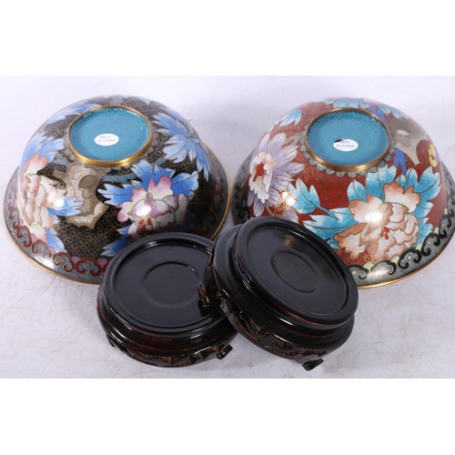 19 - Pair of circular modern cloisonné bowls, on hardwood stands.