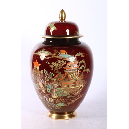 21 - Carlton Ware Rouge Royale ginger jar and cover, a similar circular plate, and another with bird deco... 