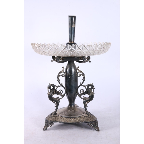 34 - Edwardian table centrepiece, raised on three gryphons.