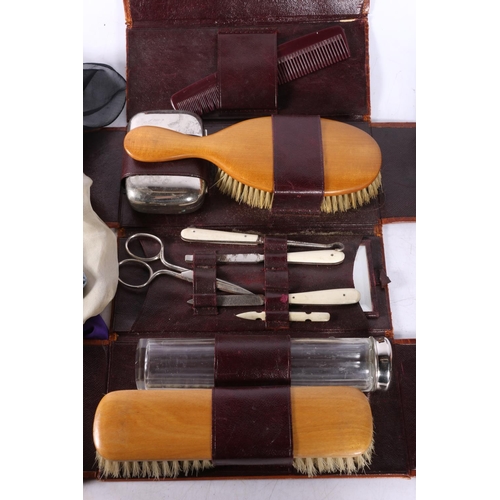 49 - Gentleman's vanity set in crocodile leather case, and ladies silk, linen, and other handkerchiefs.