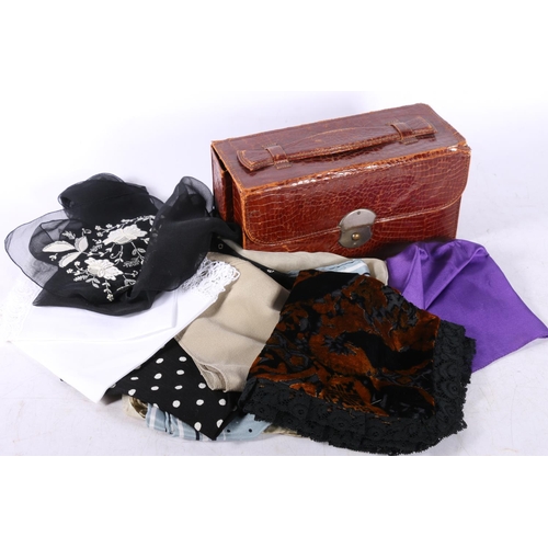 49 - Gentleman's vanity set in crocodile leather case, and ladies silk, linen, and other handkerchiefs.