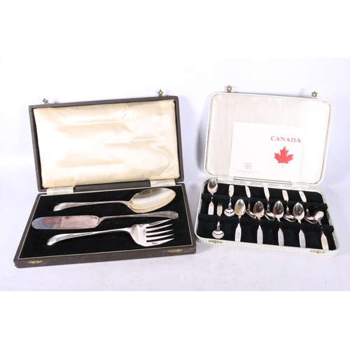 54 - Four cased sets of cutlery to include Canadian teaspoons, fish knives and forks, cake knives, sugar ... 