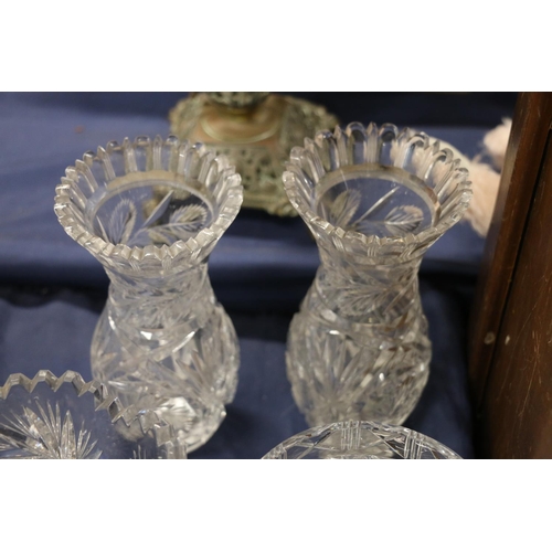 87 - Collection of heavily cut glass vases, jars etc.