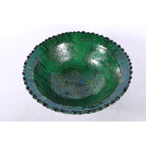 88 - Green lustre glaze Studio Pottery bowl decorated with sgraffito work foliage, 24cm diameter, and a s... 