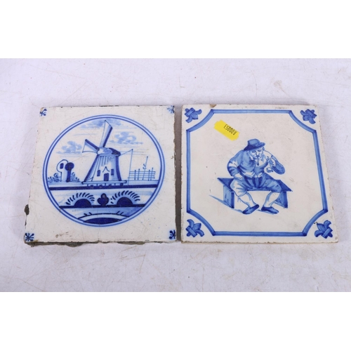 90 - Two early Delft style tiles and a Napoli porcelain box decorated with classical scene, box measures ... 