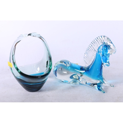 93 - Mdina style art glass basket, a Czech art glass vase and an art glass model of a horse, horse measur... 