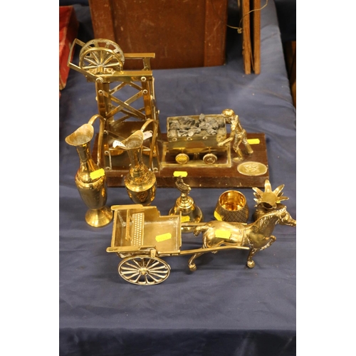 94 - Welsh brass coal mining model mounted on treen plinth, a brass horse and cart etc.