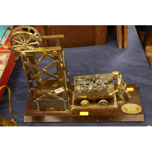 94 - Welsh brass coal mining model mounted on treen plinth, a brass horse and cart etc.