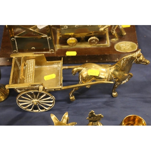 94 - Welsh brass coal mining model mounted on treen plinth, a brass horse and cart etc.