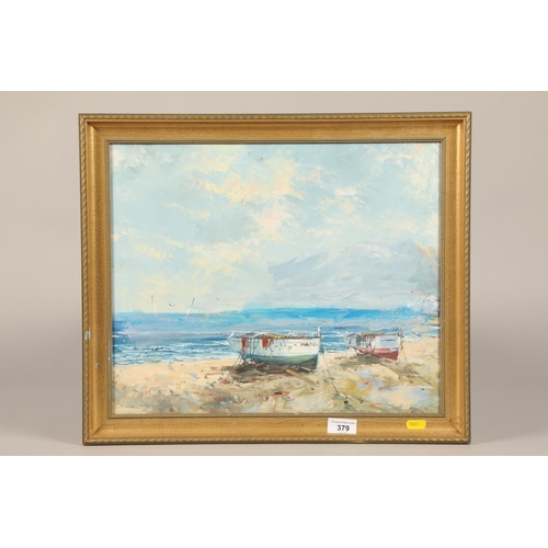 434 - 20th c. school boats on a beach, oil on board, 35cm x 43cm