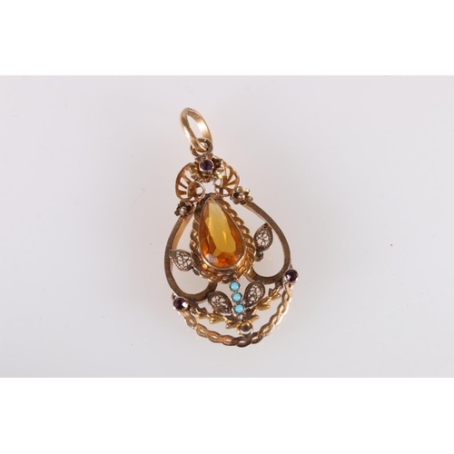 112 - Victorian yellow metal pendant set with large, faceted teardrop shaped citrine, turquoise and amethy... 