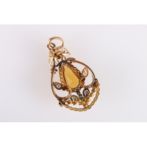 112 - Victorian yellow metal pendant set with large, faceted teardrop shaped citrine, turquoise and amethy... 