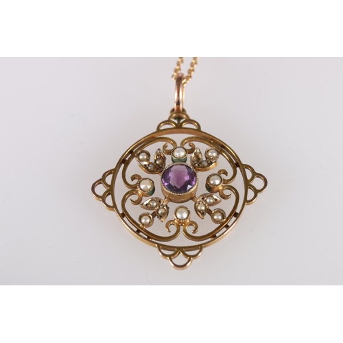 122 - Late Victorian or Edwardian 9ct gold pendant set with central faceted amethyst and seed pearls, on a... 