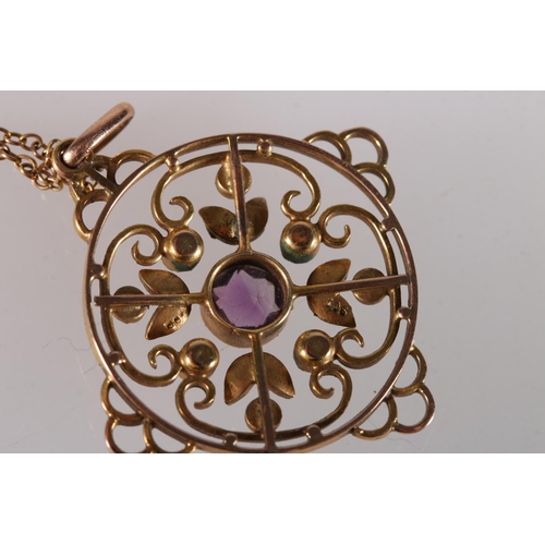 122 - Late Victorian or Edwardian 9ct gold pendant set with central faceted amethyst and seed pearls, on a... 