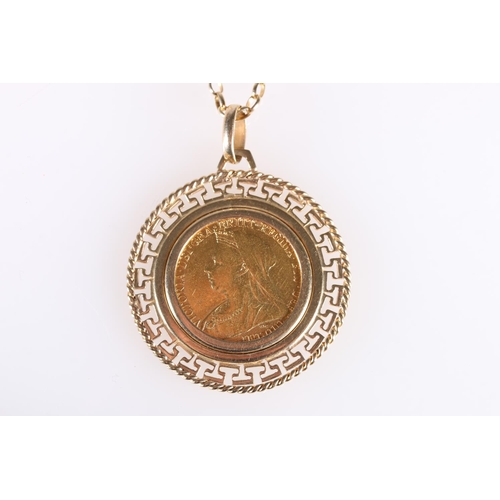 159 - 1898 sovereign in 9ct gold mount and chain, 19.7 g gross. 