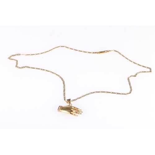 161 - 18ct gold chain with yellow metal hand pendant set with diamonds, 26cm, 10g. 