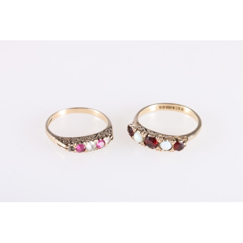 166 - Two 9ct gold rings, one with opals and garnets, size O, and another with clear and red/purple stones... 