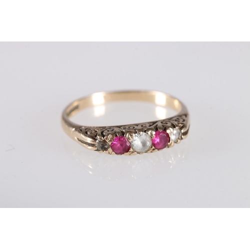 166 - Two 9ct gold rings, one with opals and garnets, size O, and another with clear and red/purple stones... 