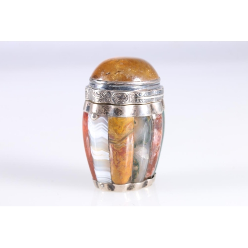 3 - Scottish silver mounted barrel shaped vinaigrette, the body with alternate 'staves' of agates includ... 