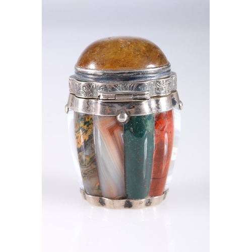 3 - Scottish silver mounted barrel shaped vinaigrette, the body with alternate 'staves' of agates includ... 