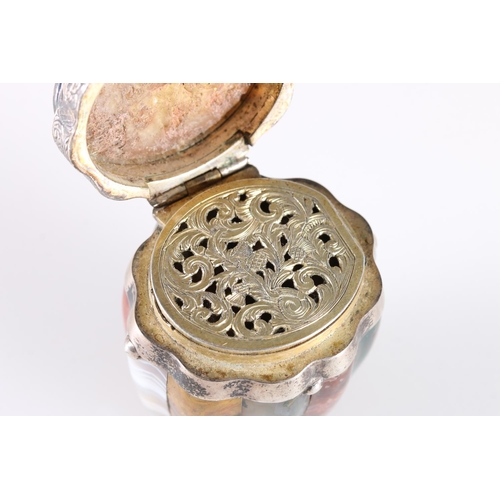 3 - Scottish silver mounted barrel shaped vinaigrette, the body with alternate 'staves' of agates includ... 