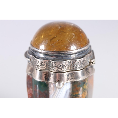 3 - Scottish silver mounted barrel shaped vinaigrette, the body with alternate 'staves' of agates includ... 