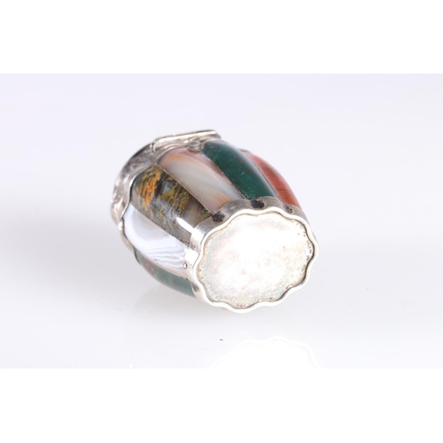 3 - Scottish silver mounted barrel shaped vinaigrette, the body with alternate 'staves' of agates includ... 