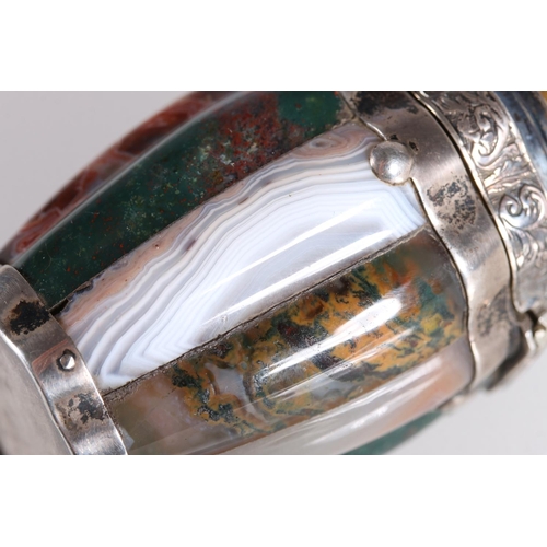 3 - Scottish silver mounted barrel shaped vinaigrette, the body with alternate 'staves' of agates includ... 