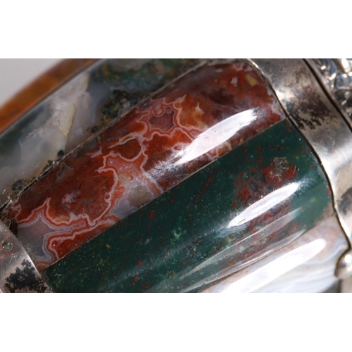 3 - Scottish silver mounted barrel shaped vinaigrette, the body with alternate 'staves' of agates includ... 