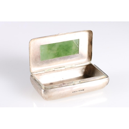 90 - New Zealand white metal hinged topped vesta case box, the lid inset with rectangular green Pounamu s... 