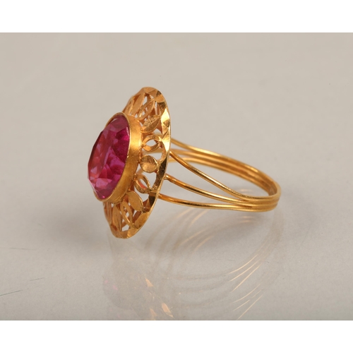 58 - Yellow metal pink gem set ring, stamped 21, 4.4g, size R