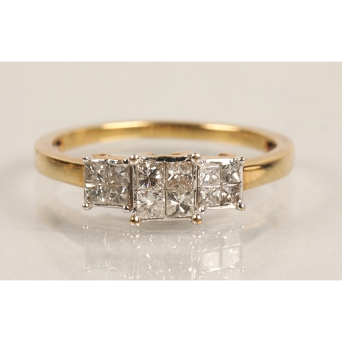 61 - Ladies 9ct gold diamond ring set with three sets of four diamonds in square mounts set on an 9ct yel... 