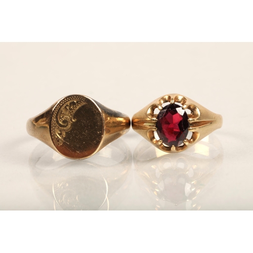 66 - 9ct plated silver signet ring size U, and a 9ct red gem set ring size N