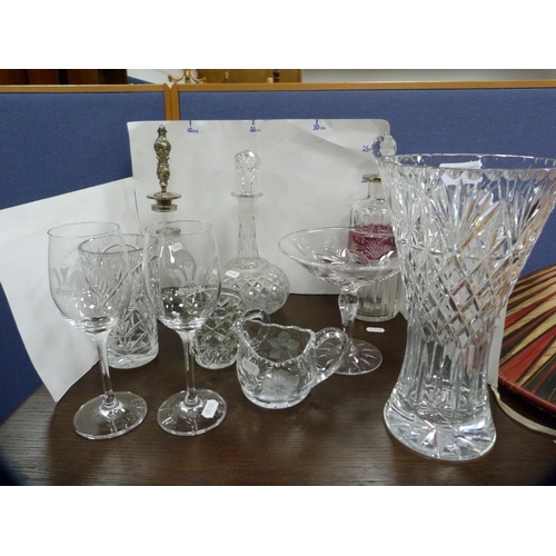 1 - Crystal and glass to include a Bohemian-style decanter and stopper, antique glass decanter with whit... 