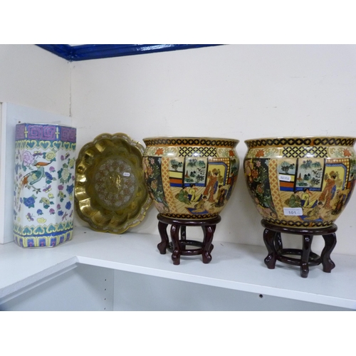 101 - Pair of oriental jardinières on stands, a hexagonal vase and a Benares brass tray.